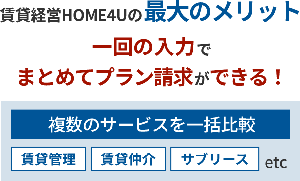 賃貸経営HOME4Uの最大メリット 一回の入力でまとめてプラン請求できる!複数のサービスを一括比較 賃貸管理 賃貸仲介 サブリース etc