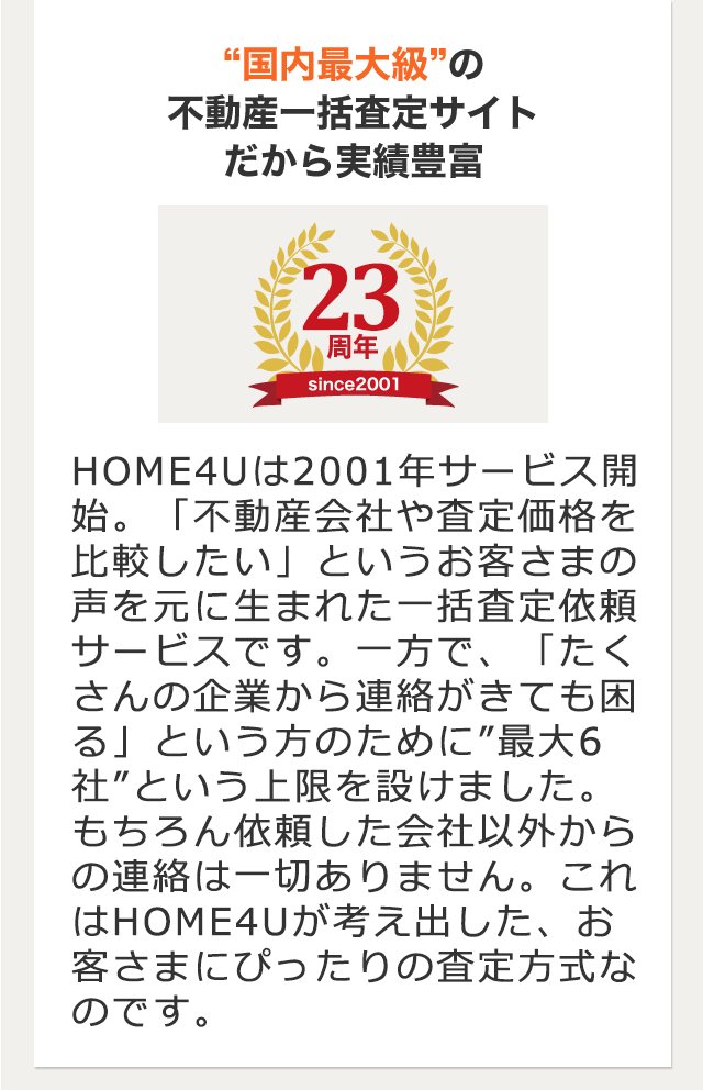 “国内最大級” の不動産一括査定サイトだから実績豊富 HOME4Uは2001年サービス開始。「不動産会社や査定価格を比較したい」というお客さまの声を元に生まれた一括査定依頼サービスです。一方で、「たくさんの企業から連絡がきても困る」という方のために”最大6社”という上限を設けました。もちろん依頼した会社以外からの連絡は一切ありません。これはHOME4Uが考え出した、お客さまに最適な査定方式なのです。