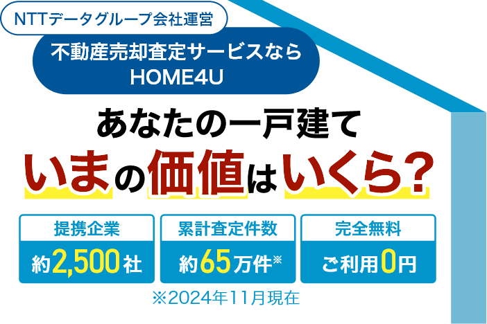 NTTデータグループ会社運営 不動産売却査定サービスならHOME4U あなたの一戸建ていまの価値はいくら？ 【提携企業】約2,500社【累計査定件数】約65万件※【完全無料】ご利用0円 ※2024年11月現在